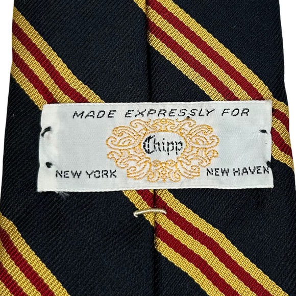 Chipp Men's Narrow Black Red Gold Striped Silk Repp Tie Necktie - Picture 5 of 7